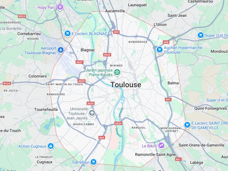 Carte Périmètre Toulouse : Blagnac, Tournefeuille, Balma Carte délimitant une zone autour de Toulouse, incluant Blagnac, Tournefeuille, Balma, et centres commerciaux comme E.Leclerc.