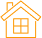 Icône Maison Orange : Accueil et Immobilier Pixel Art Icône stylisée de maison avec un toit en pente, une cheminée et une fenêtre carrée à petits carreaux, dessinée en contour orange sur fond noir.