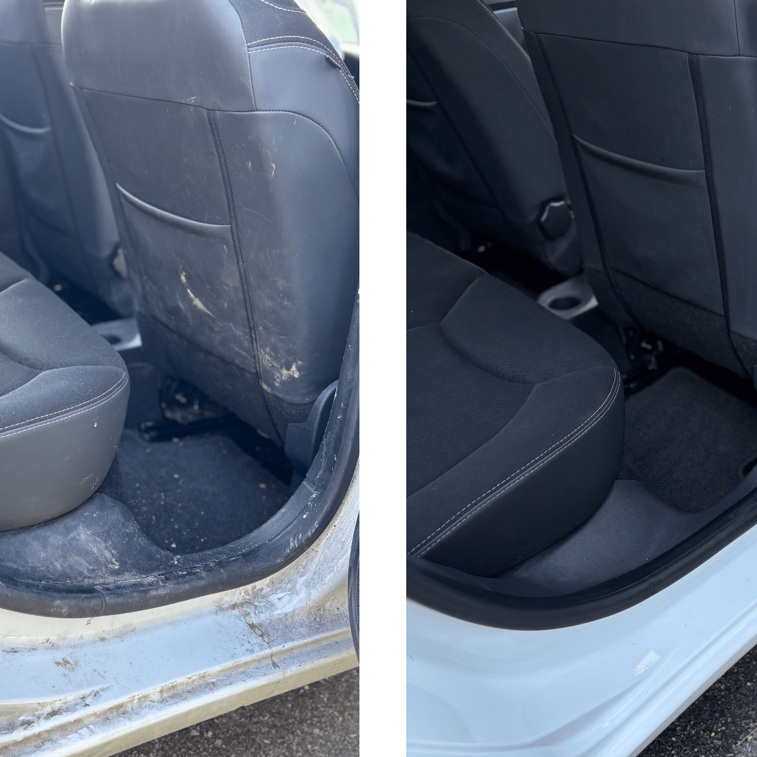 Avant-après nettoyage intérieur voiture : siège et seuil de porte sales versus propres et impeccables.